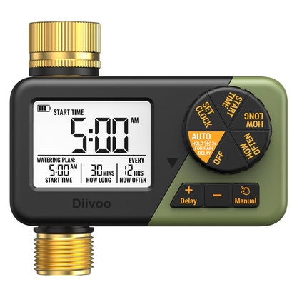 Diivoo Brass Sprinkler Timer, IP66 Waterproof Programmable Hose Timers for Watering with Large Display, Rain Delay & Manual Mode for Outdoor Automatic Irrigation of Garden, Lawn, Yard