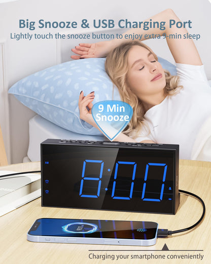 Roxicosly Loud Alarm Clock with Bed Shaker, Vibrating Alarm Clock for Heavy Sleepers/Hard of Hearing/Deaf,Dual Alarms, 7.5’’ Large LED Display, Dimmer, USB Charging Port, Plug-in with Memory Function