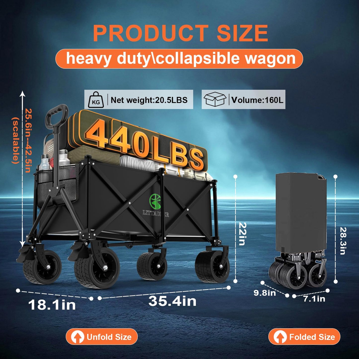Littadeer Wagons Carts Foldable with Double Layered Bottom Fork Structure, Foldable Heavy Duty Beach Wagon with 440LB,Collapsible Wagon with All-Terrain Wheels for Camping, Garden,Shopping,Sports