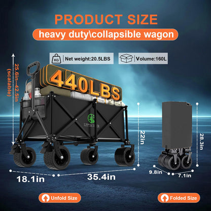 Littadeer Wagons Carts Foldable with Double Layered Bottom Fork Structure, Foldable Heavy Duty Beach Wagon with 440LB,Collapsible Wagon with All-Terrain Wheels for Camping, Garden,Shopping,Sports