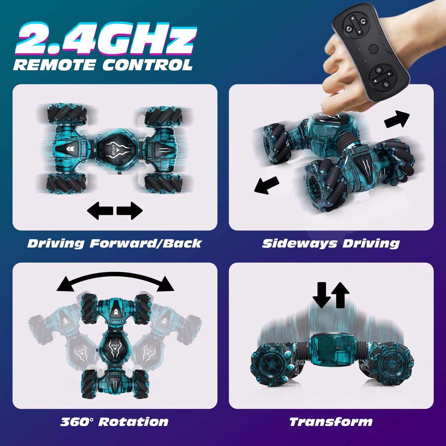 Tecnock Remote Control Car for Boys Girls, 2.4GHz 4WD Gesture Sensing RC Stunt Car Toys - 360° Rotating Double Sided Hand Controlled RC Cars with LED Lights, Gifts for Kids Ages 6-8, 8-12