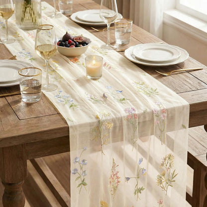 Artoid Mode Wildflower Floral Beige Apricot Gauze Embroidery Table Runner 120 Inch 10FT, Tulle Seasonal Spring Kitchen Dining Table Decor for Home Party