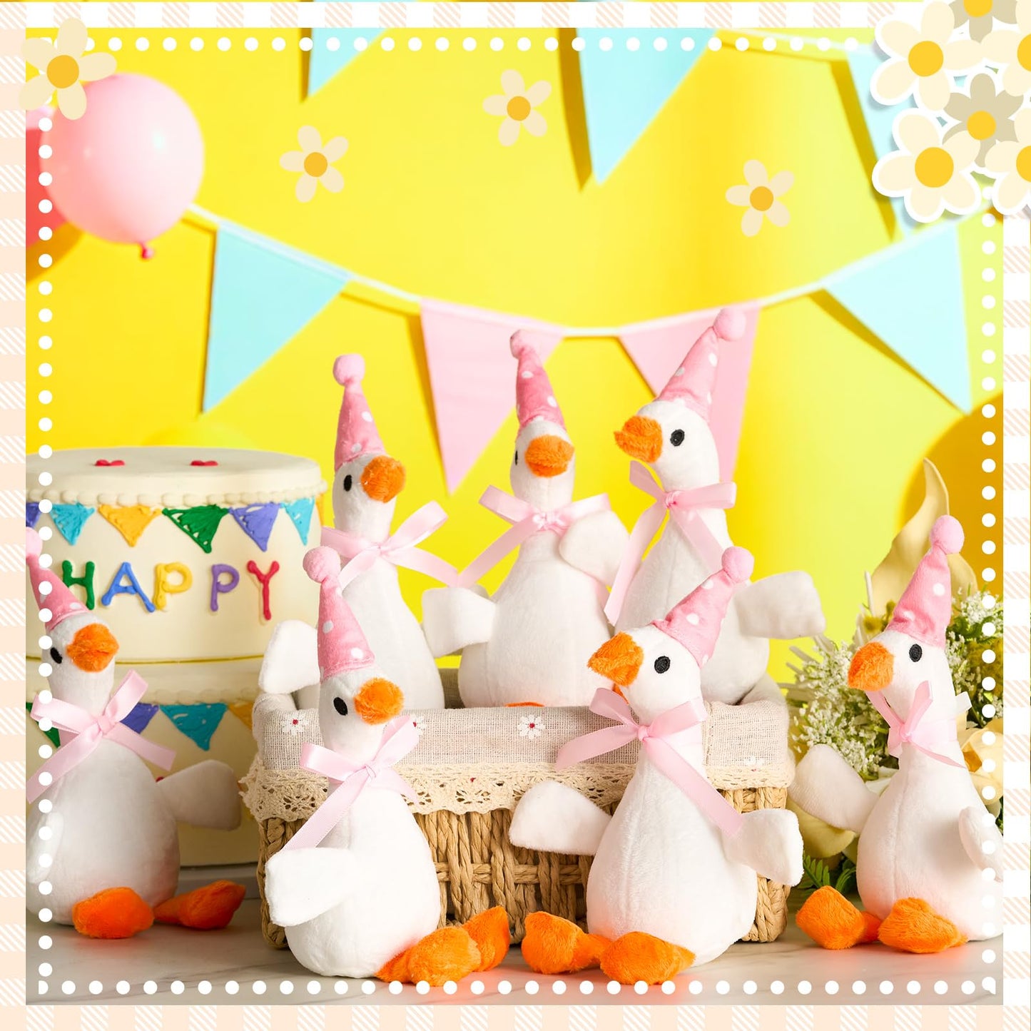 Vertintong 24 Pcs Silly Goose Plush Stuffed Animal Toy Birthday Decorations 8 inch One Silly Goose Baby Shower Party Favor Duck Stuffed Animal with Birthday Hat for Girls Funny Party Supplies (Pink)