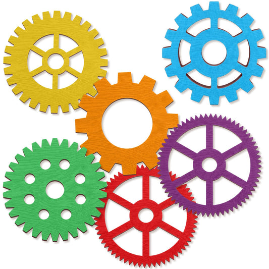 Yerliker 6 Pcs Colorful Steampunk Wood Gear Wall Decorations, 9.5 Inch Large Laser-Cut Wooden Gears, 5mm Thick Rustic Industrial Cogwheel Art Craft for Home Office Bar Cafe Theme Party Wall Decor