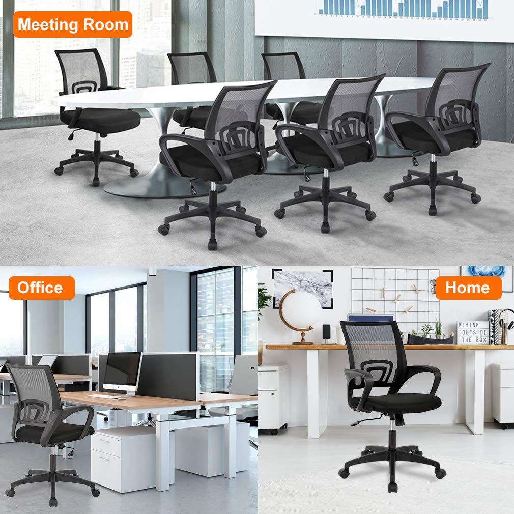 BestOffice | Ergonomic Office Chair | Mid-Back Swivel Desk Chair | Breathable Backrest & Lumbar Support | Adjustable Height | Sponge Seat | Rolling Wheels | Black | for Adults & Women