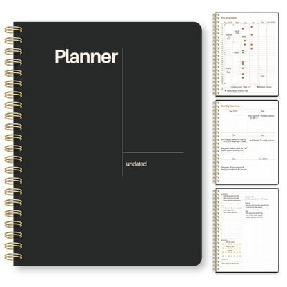 Undated Weekly Planner, 8.5x11” – Dashboard Layout with Yearly Review, Monthly Calendars, & Weekly To Do List, Spiral Bound Organizer for Work, Study & Life (Black)