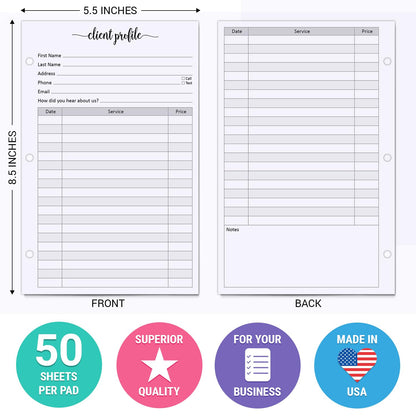 321Done Client Profile Cards, Made in USA - 5.5x 8.5, Customer Information Form, Three Ring Binder Insert Sheets for Small Business, Salon, Spa, Hairdresser, Stylist, Nail Salons Supplies - 50-Pack