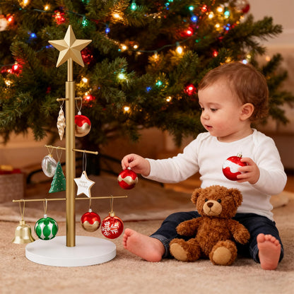 ELYKEN 22.8 Inch Christmas Ornament Display Stand Tree for Desktop with Wooden Stable Base, 6 Metal Holder for Baubles and Holiday Decorations, Gold