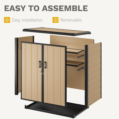 DWVO 54 cuft Outdoor Storage Shed with 2 Shelves, 4.2x2.6x5ft Vertical Tool Shed with Floor & Lockable Doors, Sturdy Double-Wall Plastic Cabinet for Garbage Cans and Garden Equipment (Brown)