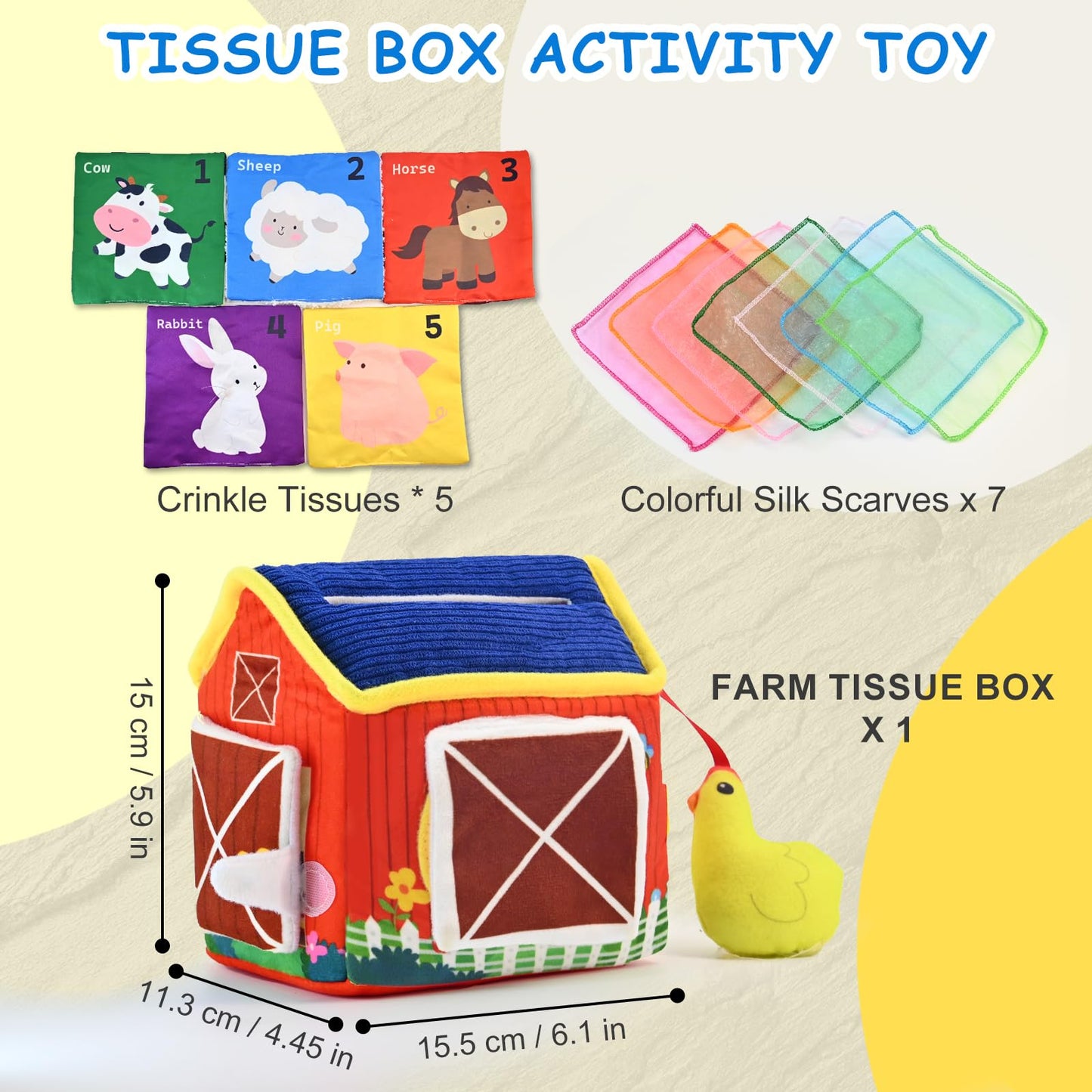 weirtoya Baby Tissue Box Toy-Montessori Sensory Activity Center for 6-18 Months,Farm Animals, Squeaky Sounds, Safety Mirror Play Silks, Top Choice for Baby Registry, Easter Baskets & Birthday Gifts