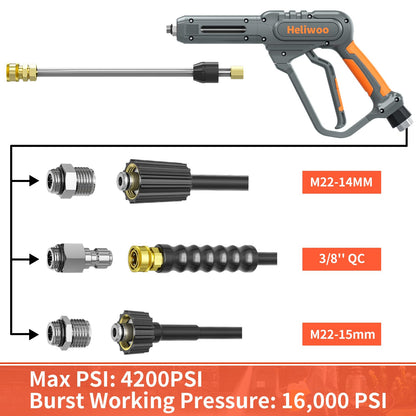 Heliwoo Pressure Washer Gun and Hose 3600 PSI, 50 FT Power Washer Hose, Extension Wand, 3/8" Swivel Quick Connector & M22-14mm Fitting, 30" Extension Wand & 7 Nozzle Tips