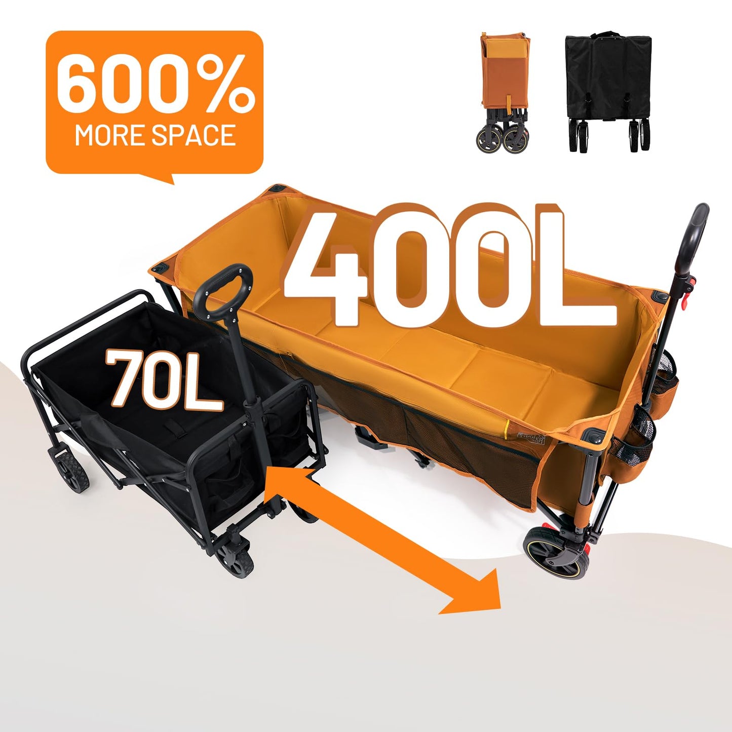 Timber Ridge 51.2'' Extended Collapsible Wagon Cart with Brakes and Cargo Net, 500LBS Heavy Duty Foldable Utility Wagon with Adjustable Handle, 400L Capacity Portable Cart for Camping Sports, Orange
