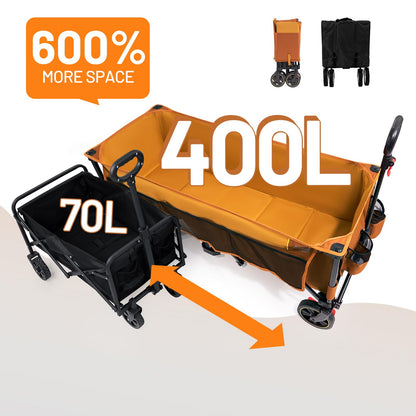 Timber Ridge 51.2'' Extended Collapsible Wagon Cart with Brakes and Cargo Net, 500LBS Heavy Duty Foldable Utility Wagon with Adjustable Handle, 400L Capacity Portable Cart for Camping Sports, Orange