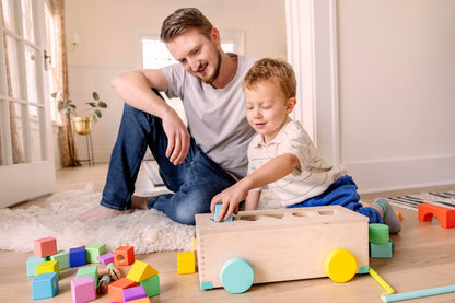LOVEVERY | The Block Set | Solid Wood Building Blocks and Shapes + Wooden Storage Box, 70 Pieces, 18 Colors, 20+ Activities, Toddler Block Set and Converts into a Pull Car, Ages 12 to 48+ months