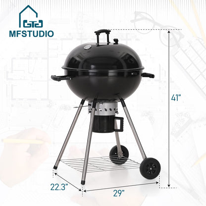 MFSTUDIO 22" Kettle Charcoal Grill, Portable Porcelain-Enameled BBQ Grill with Slide Out Ash Catcher for Outdoor Barbecue Cooking, Black