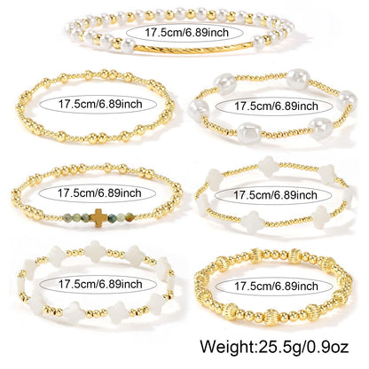SHINUS BOHO 14K Gold Beaded Cross White Clover Pearl Stackable Bracelets for Women,7PCS Handmade Gold Beads Stretch Bracelets Stack Fashion Holiday Prom Jewelry Accessories Mothers Day Gifts Gift Friendship