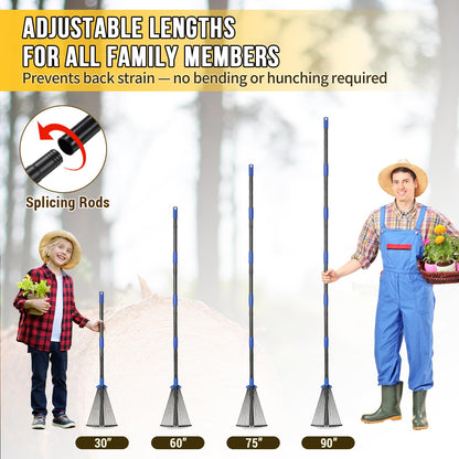 Adjustable Leaf Rake, Heavy Duty Metal Rake for Leaves, Long Handle 30"-75" with Expandable Head 8"-17", Collapsible Small Rakes for Lawns, Gardening, Yard, Camping, Shrub, Grass, Bush, Weed, Debris