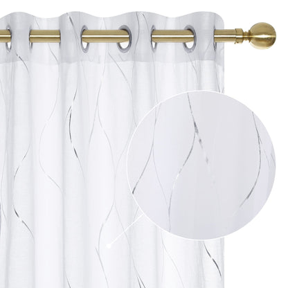 Deconovo Semi Sheer Curtains 2 Panels, 52W x 84L Inch Each, Grommet Top Voile, Light-Filtering Day Privacy, Silver Wave Foil Pattern, Living Room/Bedroom Window Drapes, Easy Hang