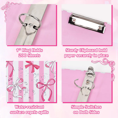 1 Inch 3 Ring Binder with Clipboard, Cute Binder Pink Bow Design, Holds 200 Sheets A4 Letter, Inside Pockets & 5 Tab Dividers, Pretty Classic Pink Binder for School Office Supplies(Pink Striped Bow)