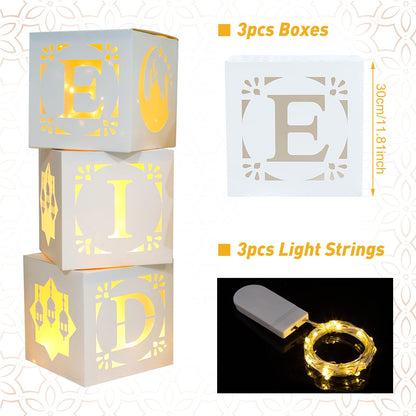 Eid Decoration Boxes with Light - 3pcs White Hollow-Out Paper Boxes with Warm Light String, Cultural Elements Box for Eid al-Fitr Decor al-Adha Festival Ramadan Mubarak Muslim Islamic Supplies