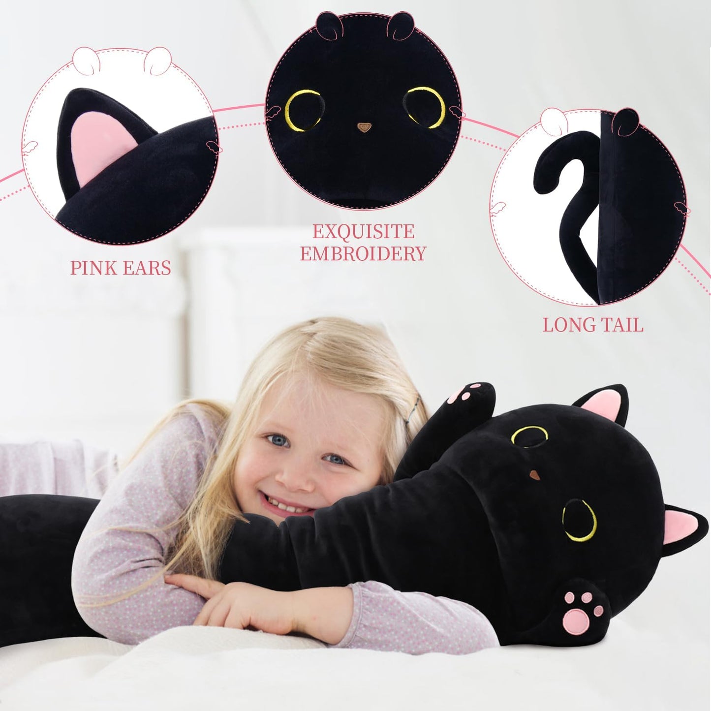 MaoGoLan Long Cat Body Pillow for Kids, 44'' Big Kitten Plush for Adults, Big Black Cat Stuffed Animal for Girl, Large Kitten Plush Throw Pillow for Mother's Day Birthday Gift, Baby Shower Party Decor