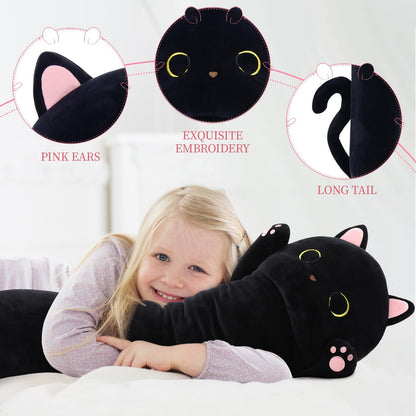 MaoGoLan Long Cat Body Pillow for Kids, 44'' Big Kitten Plush for Adults, Big Black Cat Stuffed Animal for Girl, Large Kitten Plush Throw Pillow for Mother's Day Birthday Gift, Baby Shower Party Decor