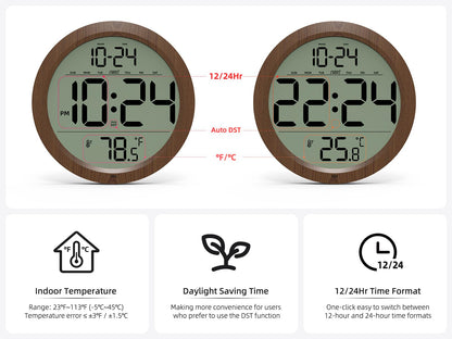 Digital Wall Clock with Date, Indoor Temperature, Auto-DST, Battery-Operated Digital Clock, 8 Inch Small Decorative Wood Wall Clock for Bedroom, Living Room, Kitchen, Office, Modern, Electric, Simple