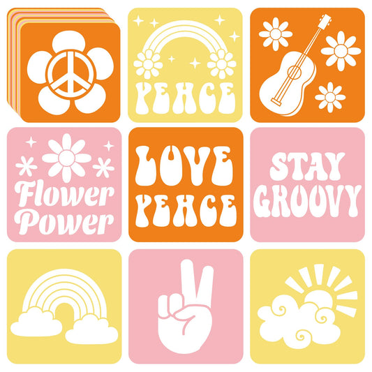 36pcs Groovy Hippie Drawing Stencils for Kids 8 Inch Sidewalk Chalk Stencils Painting Spring Gifts Large Washable Reusable Retro Boho Themed Primary Shape Template for Kids Toddlers Preschool