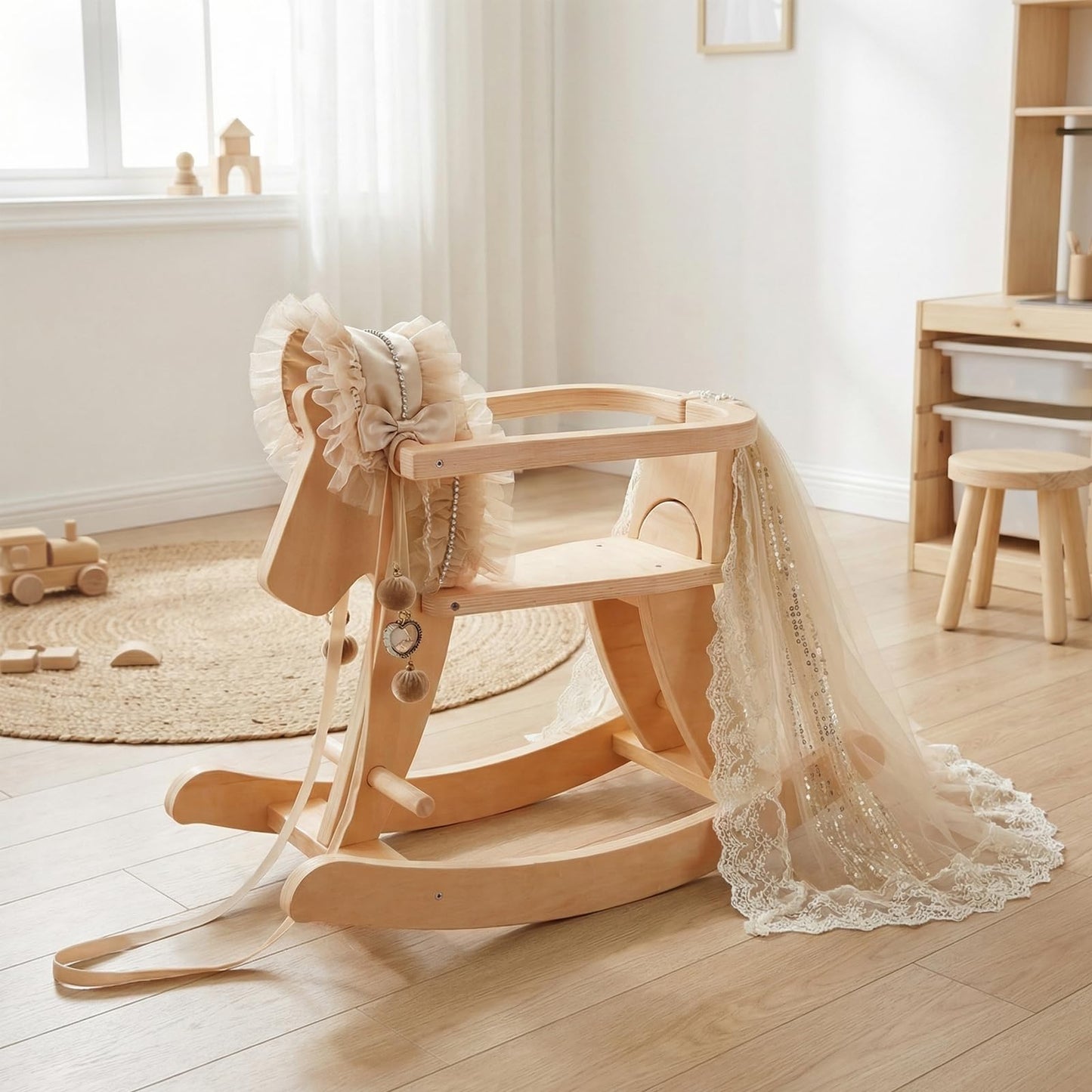 labebe - Wooden Rocking Horse, Baby Wooden Ride On Toys for 12M+, Classic Rocker Toy with Removable Fence, Toddler Riding Toy Indoor/Outdoor, Nursery Birthday Gift (Natural)