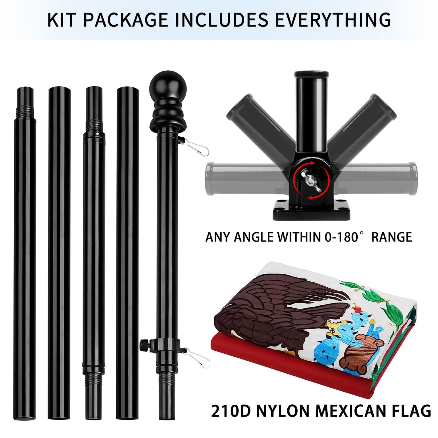 Mexico Flag with Poles for Outside House, 6ft Aluminum No Tangle Spinning Flag Pole, 180° Multi- Position Mounting Bracket, 3x5 ft Nylon Mexican Flag, Wind Resistant Rust Free Kit (Black)