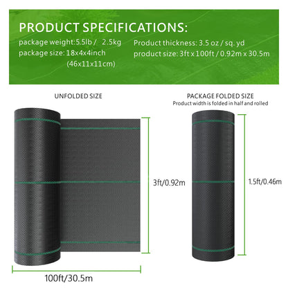 mychoiii 3ft x 100ft Weed Barrier Landscape Fabric, 3.5oz Heavy Duty Woven Ground Cover, 600lbs Tensile Strength Weed Block Cloth for Garden Bed, Driveway, Landscaping - UV Resistant