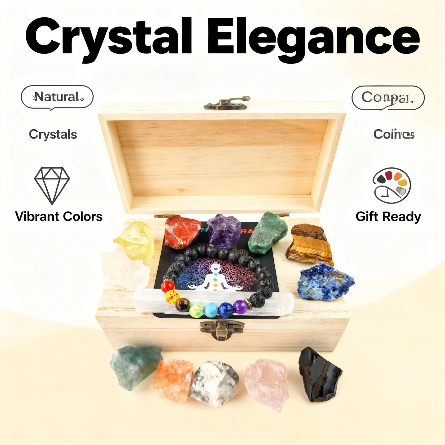 Healing Crystals Set – 12 Raw Chakra Stones & Selenite Stick&Obsidian bracelet | Unpolished Natural Crystals for Energy Balance, Meditation, Yoga, Reiki | Includes Wooden Box, Spiritual Gifts