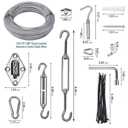 Unicaravan Shade Sail Hardware Kit 6 inch with 131FT 1/8" Wire Rope Kit for Triangle Rectangle Sun Shade Sail Outdoor Installation turnbuckles for Cables Wire for Outdoor,Garden,Kitchen,Craft,243PCS