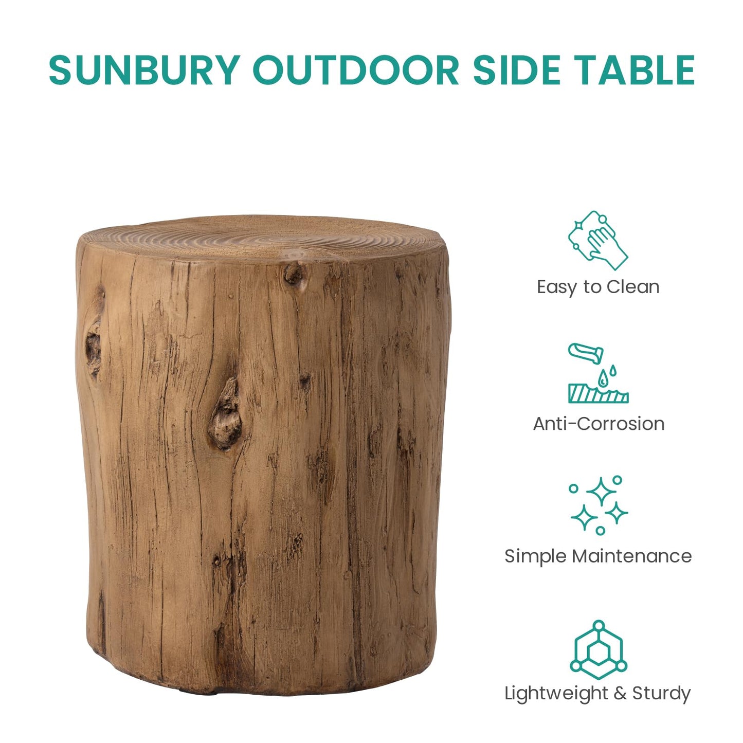 SUNBURY Outdoor Stump Side Table, Faux Wooden Concrete Side Table, Tree Stump Wooden Stool, Patio End Table, Round Outdoor Accent Drum Table, Light Brown Ottoman or Plant Stand