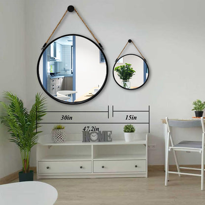 POZINO Round Mirror, 15" Rope Hanging Mirror, Farmhouse Circle Mirrors, Black Metal Frame Wall Mirrors for Bathroom, Bedroom, Living Room, Entryway, Fireplace, Home Decor