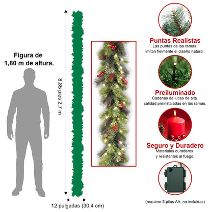 Christmas Garland with Lights - 9FT Pre-Lit Flocked Garland with 50 LED Bulbs, Red Berries, Pine Cones, Artificial Pine Battery Operated Garland for Fireplace, Staircase, Indoor & Outdoor Decoration