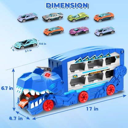 Dinosaur Transport Car Race Track Toy Set for Kids - Monster Carrier Truck Toys for Age 3 4 5 6 7 8 9 10 11 12 Years Old Boy Christmas Birthday Gifts with Die-Cast Metal Toy Cars, Light & Sound