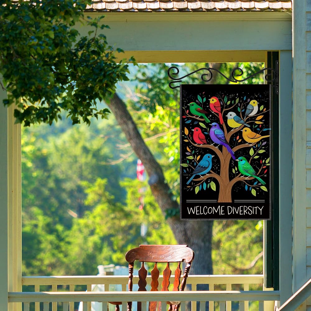 LAGZDFC Welcome Diversity Garden Flag Yard Decoration Gifts, Double Sided Farmhouse Outdoor Lawn Decor Yard Flag, Funny Rainbow Diverse Birds Welcoming Sign, Unity Equality Community Pride Flags