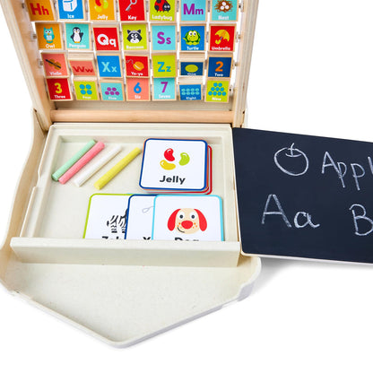 Hape Alphabet Learning Pack & Chalkboard Set for Toddlers - 35 Letter and Number Cards with Writing Board and Chalk - Educational STEM Toy for 3-6 Year Olds - Portable Travel Learning Case