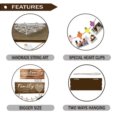 Buecasa Housewarming Gifts New Home Sign Decor- Family Wall Hanging Picture Frame with 6 Heart Clips 15.8x6.0 Inches