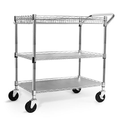NTE Utility Cart with Wheels, 990lbs Capacity Metal 3 Tier Rolling Carts, NSF Kitchen Carts On Wheels with Storage, Heavy Duty Utility Cart with Handle & Wire Shelf for Indoor & Outdoor Use, Silver