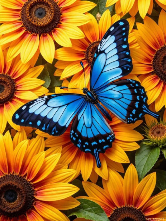 PUAGEMTI Blue Butterfly Sunflower Blooms Diamond Art Kits for Adults, 5D DIY Full Drill Diamond Painting Kits for Adults Beginners, Diamond Painting Kit for Wall Home Decor (No Frame) 12x16 Inch