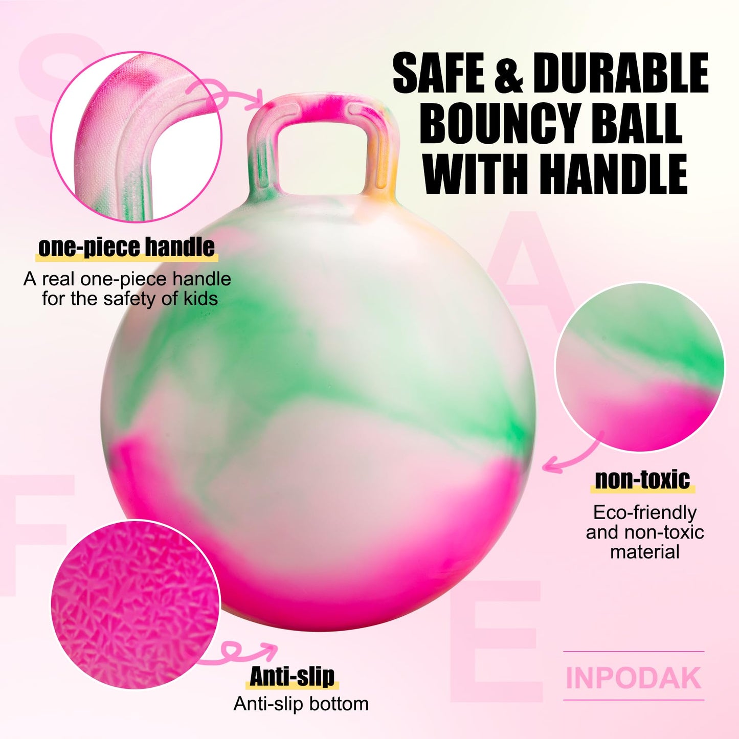 INPODAK Hopper Ball 22 Inch Bouncy Ball with Handle for Kids, Hippity Hop Jumping Bounce Hopping Toy for Boys Girls Ages 7-12 with Pump and Gift Box Great Gift for Birthday Holiday (Pink)