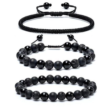 SAMXY Mens Bracelets Beads-8MM Black Onyx Obsidian Lava Stone Beads-3Pcs Handmade Natural Stone Crystal Healing Bracelet-Triple Protection Bracelet for Men Women Gifts