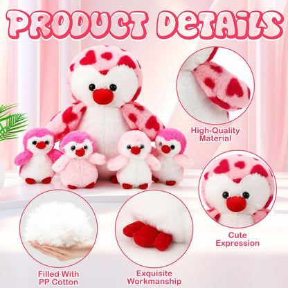 Harrycle 5 Pcs Penguin Plush Toy Set 14 Inch Mommy Penguin Stuffed Animal with 4 Cute Babies in Zippered Belly Soft Cuddly Plushie for Kids Birthday Gifts Party Favors(Heart Style)