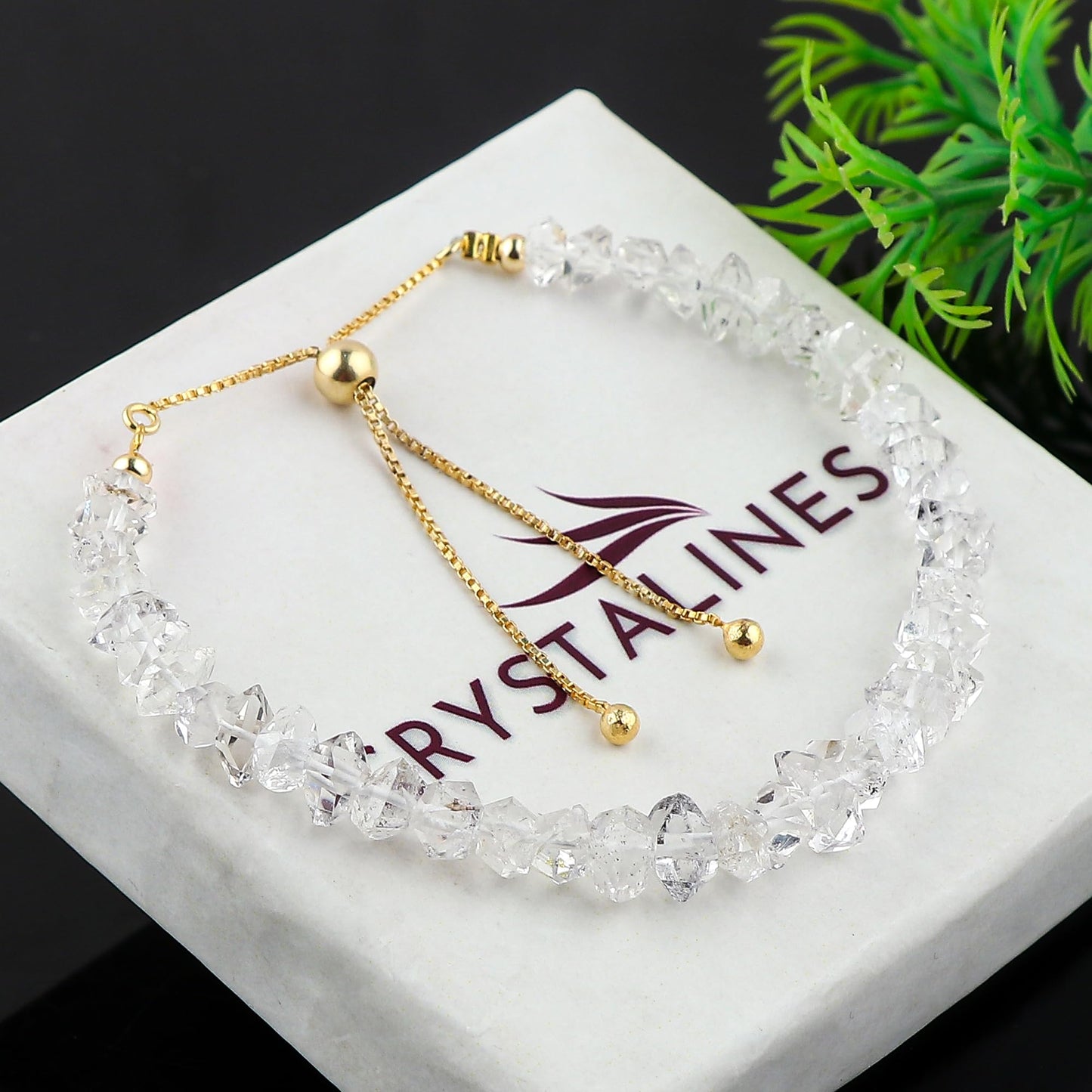 CRYSTALINES Natural Raw Herkimer Diamond Gemstones Bracelet, High Grade Rough Stones, Handmade Jewelry, Chakra Healing Crystals, Gold Plated - Adjustable Chain 8 inch, Gift for Women