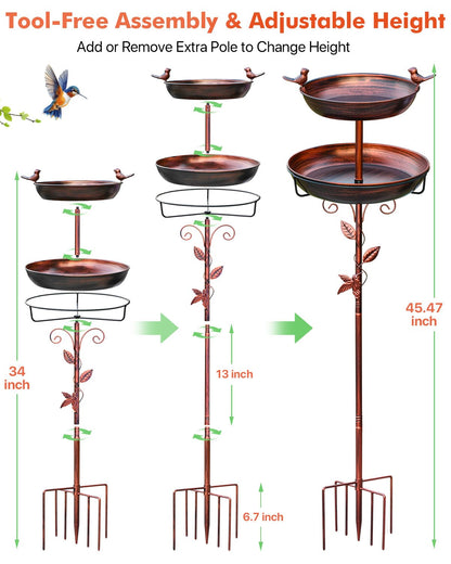 TLEYTOA Metal Bird Bath for Outside - Outdoor Garden Decor Birdbath 2-Tier Water Bowl with Copper Finish Stake Adjustable Height 45'' Tall for Yard