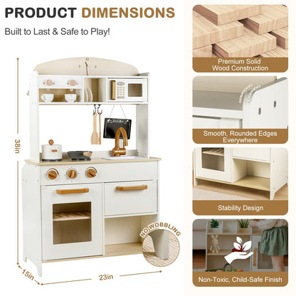 DREAM BUILDING Dual-Sided Play Kitchen for Kids Toddlers, 2-in-1 Grocery Store&Wooden Toy Kitchen Set with Coffee Machine,Pretend Kitchen Play Set with Microwave, Oven, Gift for Boys Girls