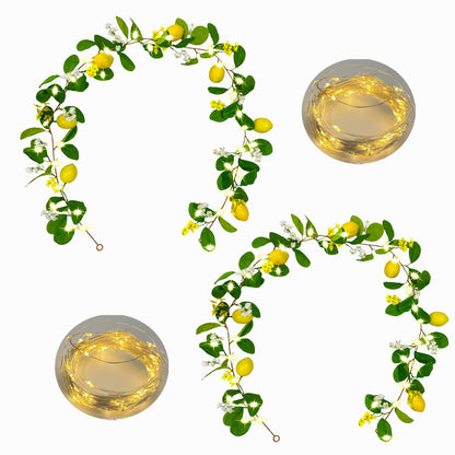 Hamifinee 2Pcs Artificial Lemon Garland Spring Summer Greenery Vine Garlands with Lemons Dense Flowers Fairy Light Battery Powered for Door Wall Mantle Wedding Party Table Christmas Decorations