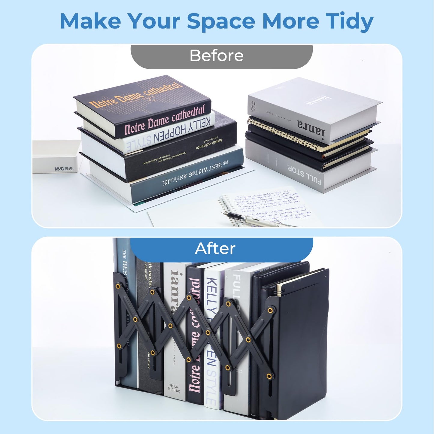 M&G Adjustable Bookends Book Ends for Shelves, Metal Bookend for Heavy Books, Desk Magazine File Organizer Holder Extends up to 20in, Book Stopper for Home, Office, Classroom (Black)